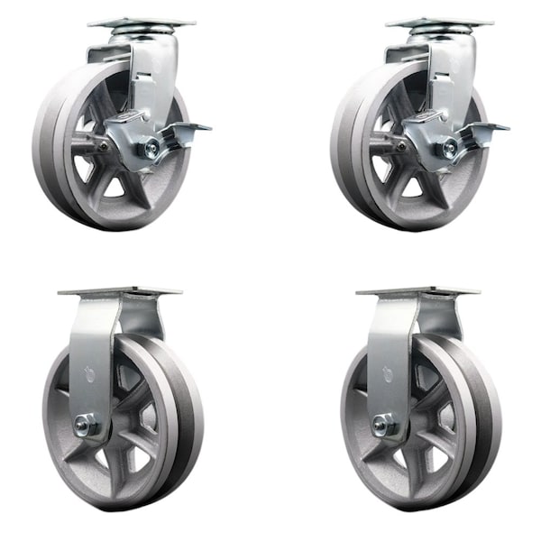 6'' V-Groove Semi Steel Caster Set with Bronze Bearings 2 Brakes 2 Rigid, 4PK